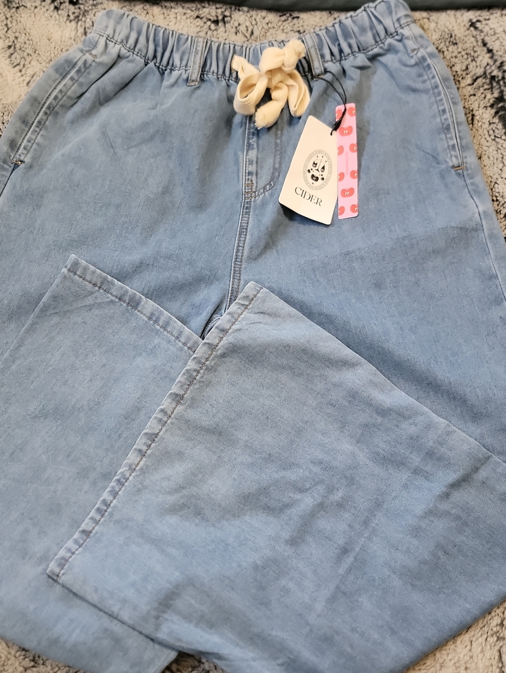Cider NWT Sky Blue Elastic Waist Drawstring Wide Leg Denim Pants Jeans Size S